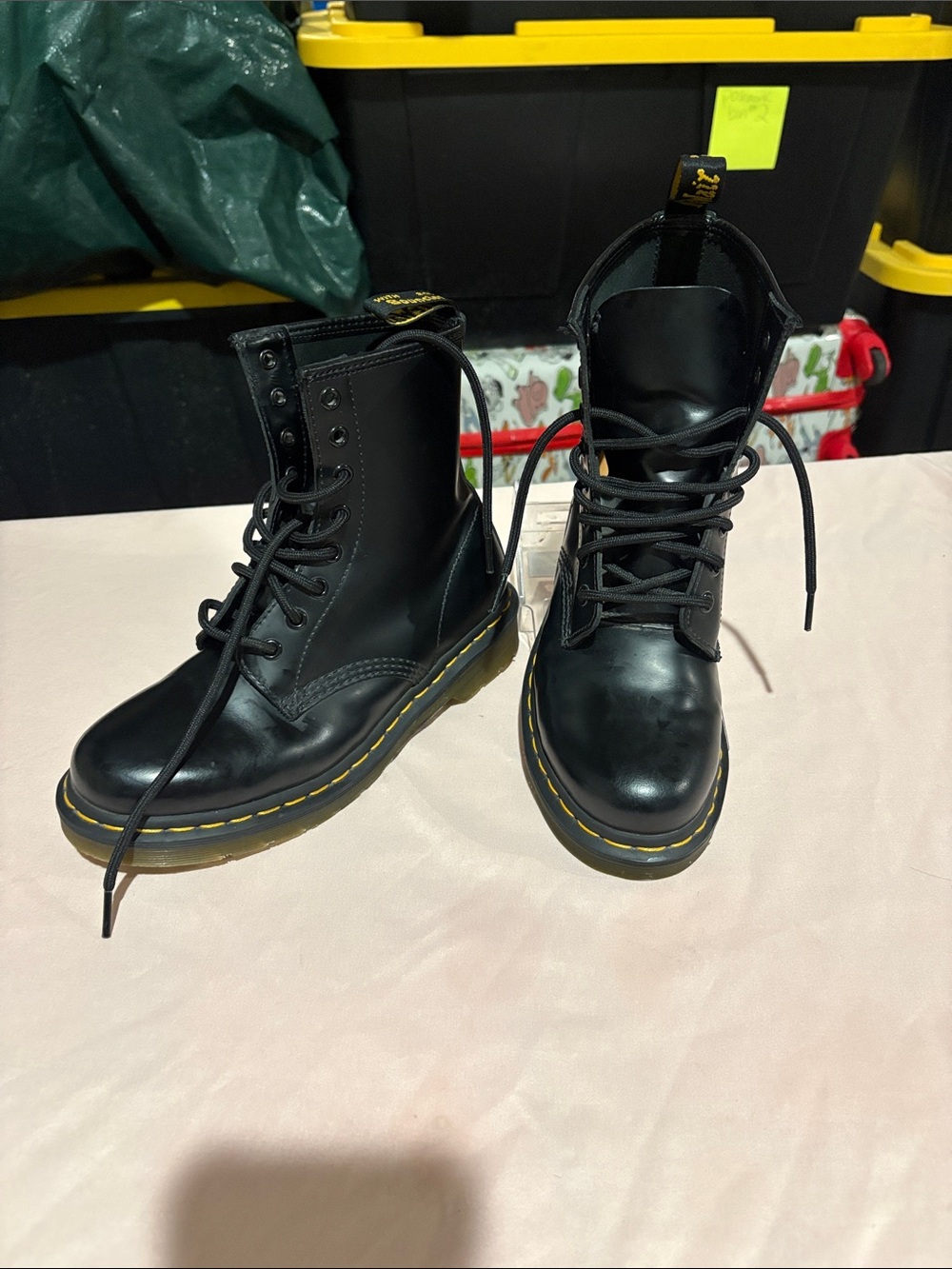 Dr. Martens Black Leather 8-Eye Lace-Up Boots with Yellow Stitching